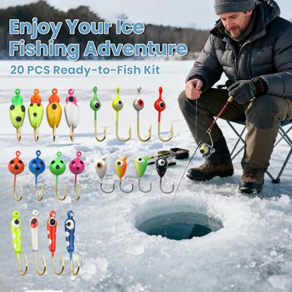 Natufish Glow Ice Fishing Jigs | Winter Ice Fishing Lures Set | Micro Jig Head for Pike, Panfish, Crappie, Perch, Walleye, Trout, Bluegill - with Storage Box - color: 20pcs