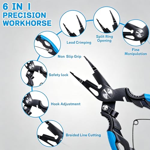 7.5" 420 Stainless Steel Fishing Pliers - Uni-Body Construction, Lightweight Corrosion-Resistant Fishing Tool with Multi-Function Jaws, Braid Cutters, Sheath, Lanyard & Carabiner (light blue) - color: Light Blue