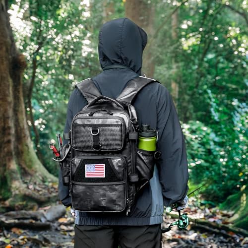 Ghosthorn Fishing Backpack with Tackle Boxes Fish Lip Gripper Pliers Lures Waterproof Tackle Bag with Rod Holder Fishing Gear - color: Tpu Black, size: Large