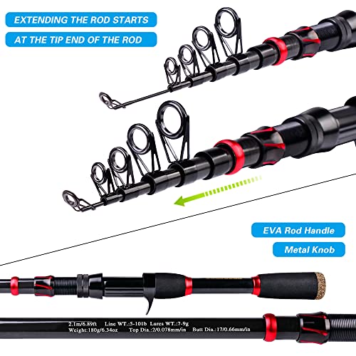 Fishing Rod and Reel Combo, 6.9ft Carbon Fiber Telescopic Fishing Pole with Spinning/Baitcasting Reel Combos, Sea Saltwater Freshwater Ice Bass Fishing Tackle Set Fishing Rods Kit - color: B:Baitcasting Combo 6.9FT+Left Handed Reel