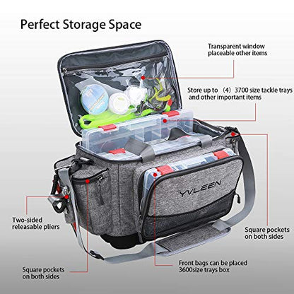 YVLEEN Fishing Tackle Box Bag - Outdoor Large Fishing Tackle Storage Bag - 100% Water-Resistant Polyester Material - Fishing Tackle Bags - Suitable for 3600 3700 Tackle Box - color: A:Large(14.9” x 9.1” x 10.2”Without Trays)Silver Grey