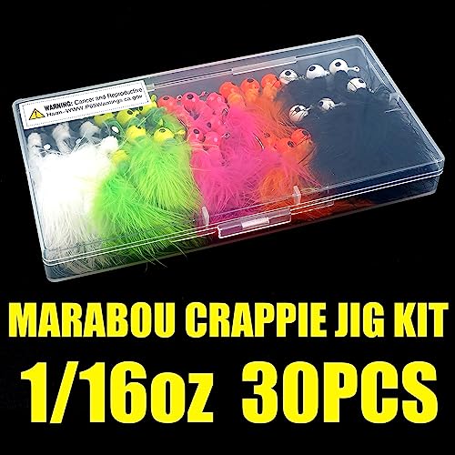 Crappie Jigs,30pcs Hand-Tied Marabou Hair Jig Heads with Feather 5 Colors Ice Fly Fishing Lures Bucktail Jig Fishing Teaser for Panfish Sunfish Walleye Hair Jig Bait 1/32 1/16 1/8 oz - color: 1/16oz(1.75g) - 30pcs