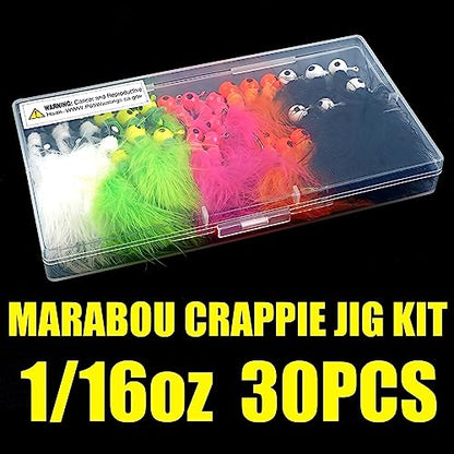 Crappie Jigs,30pcs Hand-Tied Marabou Hair Jig Heads with Feather 5 Colors Ice Fly Fishing Lures Bucktail Jig Fishing Teaser for Panfish Sunfish Walleye Hair Jig Bait 1/32 1/16 1/8 oz - color: 1/16oz(1.75g) - 30pcs