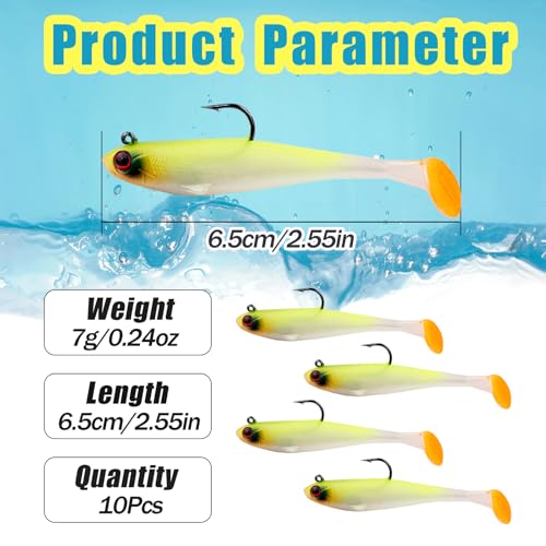 Fishing Bait Paddle Tail Swimbaits 10pcs FS/RE-13 | Soft Plastic,with Jig Heads,Bass Lures,for Freshwater Saltwater,Fishing Trout,Crappie Lures - color: Yellow, size: 0.21oz