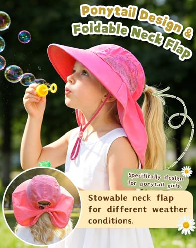 Rosoz Kids Sun Hat with Neck Flap UV Protection Summer Toddler Beach Hat Unisex Ponytail Hat Wide Brim Fishing Hat - color: Rose Red+white
