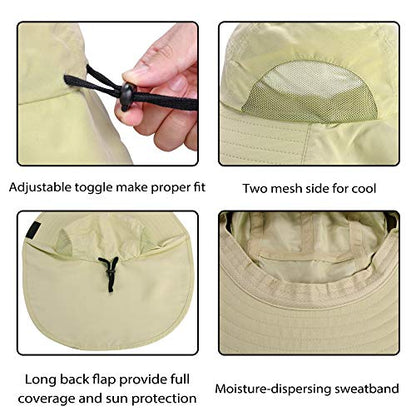 Tirrinia Wide Brim Sun Hat with Neck Flap for Men & Women, Breathable Hiking Fishing Safari Hat, Outdoor UV Protection Cap - color: Tan