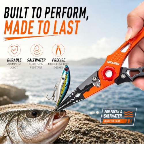 LureLite Pro Aluminum Fishing Pliers-Saltwater-Suitable Split Ring Tools with Fish Hook Remover- Fly Fishing Pliers with Braid Cutters, Sheath & Lanyard-Ideal Gifts for Men in Fishing