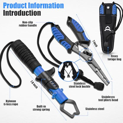 RoundFunny 3 Pcs Fishing Tool Kit, Fishing Landing Net with Telescoping Pole Handle, Fish Plier with Sheath, Fish Lip Gripper for Freshwater Extend to 30-56 Inches, Gear Gifts for Men Women