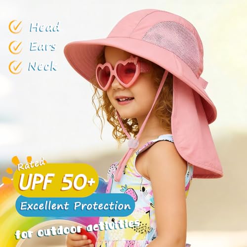 Outdoor Kids Sun Hats with Neck Flap Boys Girls Wide Brim UPF 50+ UV Protection Children Bucket Hat Safari Hat - color: 1pack-pink