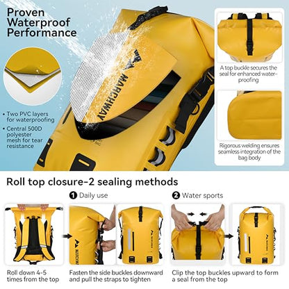 MARCHWAY Roll Top Waterproof Backpack, Floating Dry Bag 20L/30L/45L with Ergonomic Rectangular Base, Cushioned Back, Hip Strap for Hiking Camping Kayaking Travel (Yellow, 30L) - color: Yellow, size: 30L