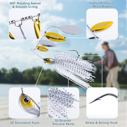 Goture Spinner Baits, Hard Metal Spinnerbaits Kit with 4 Spinner Blades, Spare Skirts Replacement, Buzzbait Spinnerbaits Fishing Lures for Bass Trout Pike Salmon Walleye Freshwater Saltwater - color: B1:2pcs(White & Gold), size: 10g 3/8oz