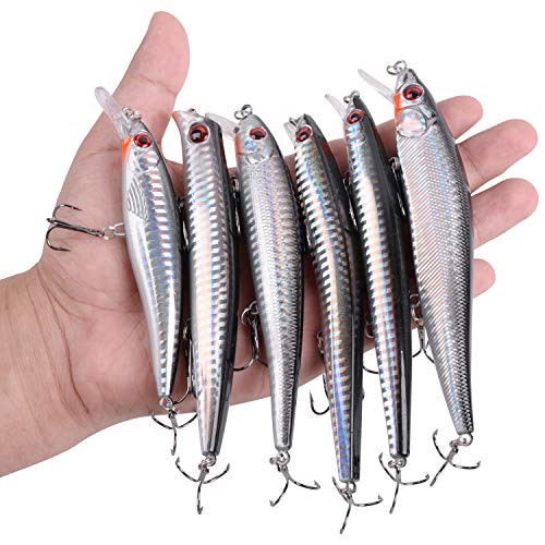 Saltwater Fishing Lures Kit,6pcs Jerkbaits Striped Bass Fishing Lure Hard Minnow Lures Surf Fishing Jerkbait Popper Plugs Striper Lures Inshore Offshore Saltwater Fishing Lures Set