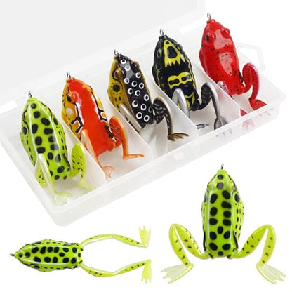 Frog Lures,Soft Freshwater Fishing Lure Kit Hollow Body Frog Lure with Double Sharp Hooks Tackle Box for Bass Pike Snakehead Dogfish 5 Colors