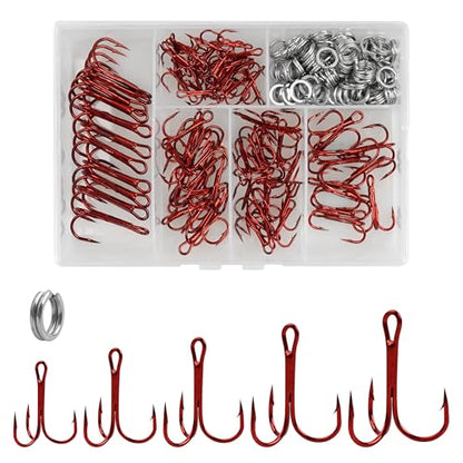 Fishing Treble Hooks Kit,160pcs High Carbon Steel Treble Hooks Strong Sharp Round Bend with Split Rings for Lures Baits Saltwater Freshwater Fishing Size 2# 4# 6# 8# 10# - color: Red Treble Hook Kit