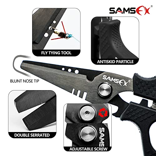 SAMSFX Fishing 6.5" Pro Fishing Scissos, Dual Serrated Blades, Braided Line Shears with Titanium Coating, Non-Slip Grip & Multifunction Tool, Come with Hard Molded Locking Sheath & Coiled Lanyad - color: A: Black Kraton Handle, Hard Sheath