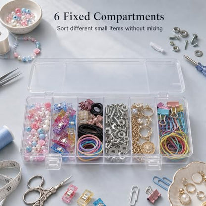10 PCS Clear Tackle Box Organizer, 6 Grids Plastic Storage Container with Secure Lid, Small Parts Organizer for Craft Beads Binder Clips Sewing Supplies Lures Screws