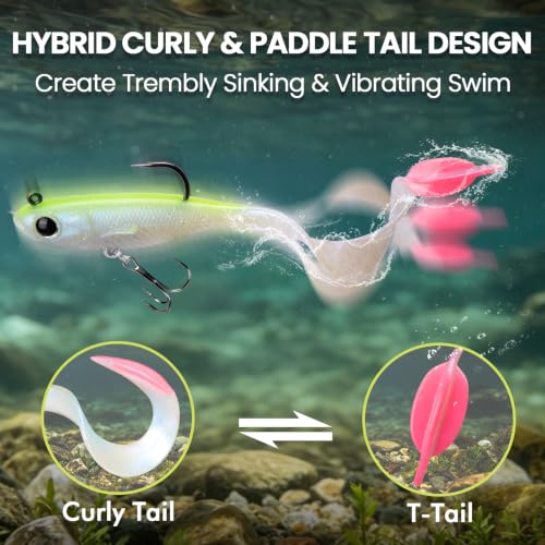 TRUSCEND Duramax Easy Catch Soft Fishing Lures with BKK Hook, Trembly Sinking & Vibrating Swim for More Bites, Pre-Rigged Curly & T-Tail Swimbait for Bass, Trout, Crappie, Freshwater Saltwater Fishing - color: A3-4"-1/2oz