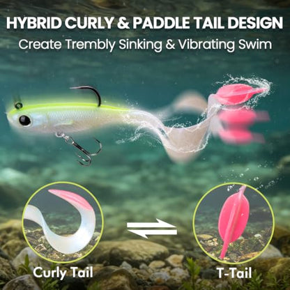 TRUSCEND Duramax Easy Catch Soft Fishing Lures with BKK Hook, Trembly Sinking & Vibrating Swim for More Bites, Pre-Rigged Curly & T-Tail Swimbait for Bass, Trout, Crappie, Freshwater Saltwater Fishing - color: A3-4"-1/2oz