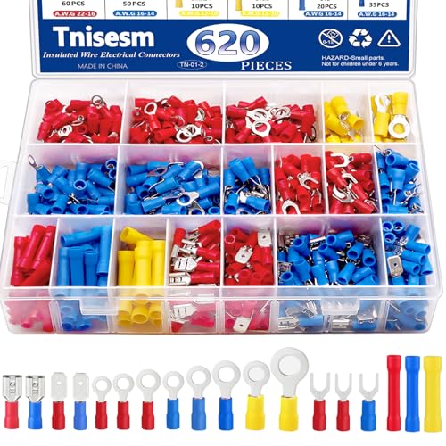 Tnisesm 620Pcs Insulated Wire Crimp Connectors Assortment Kit, Fork Ring Spade Butt Quick Disconnect Terminals Lugs Set, Male/Female Wire Cable Connectors - color: 620PCS Connectors