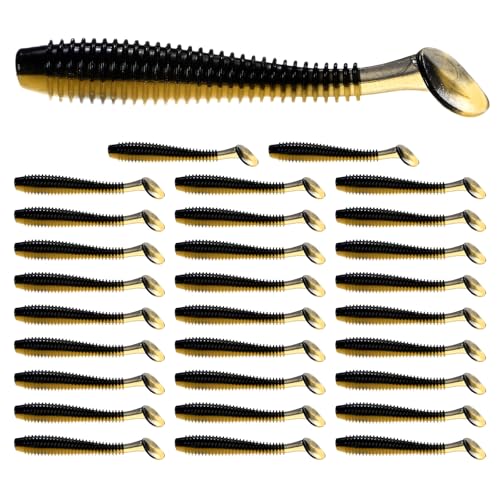 Soft Fishing Lures - Paddle Tail Swim Bait for Bass, Trout in Saltwater & Freshwater - Rigged with Hooks - Durable ABS Plastic - color: Dark Gold, size: 2.95"