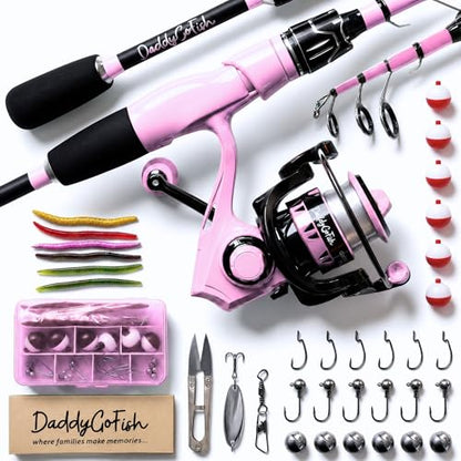 DaddyGoFish Spinning Fishing Rod and Reel Combo Set with Tackle Box | Kids Fishing Pole | Carbon Fiber Telescopic Fishing Rod Kit | Spinning Reel for Travel Saltwater Freshwater Fishing Gear Kit - color: Pink