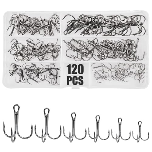 OROOTL Fishing Treble Hooks Kit, 120pcs Assorted Classic High Carbon Steel Treble Fishing Hooks Size 1 2 4 6 8 10 Round Bend Triple Hook for Saltwater Freshwater