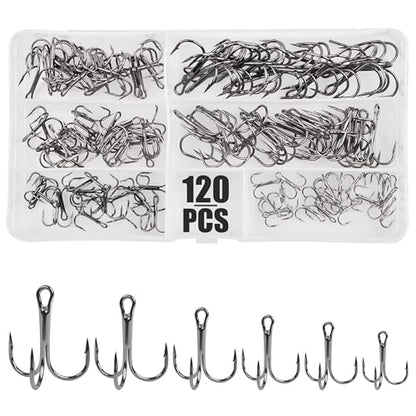 OROOTL Fishing Treble Hooks Kit, 120pcs Assorted Classic High Carbon Steel Treble Fishing Hooks Size 1 2 4 6 8 10 Round Bend Triple Hook for Saltwater Freshwater