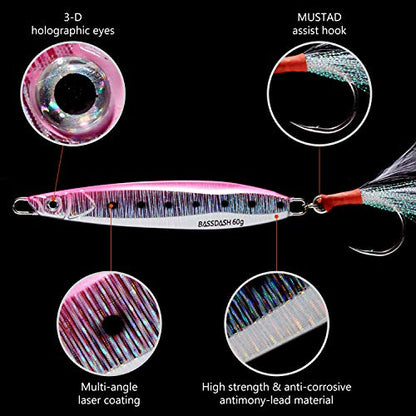 BASSDASH STIX Casting Jig Lure Vertical Slow Jigging Lures Mustad Hooks 0.7oz 1.1oz 1.4oz 2.1oz 2.8oz 3.9oz Mustad Hooks for Saltwater Freshwater Kayak Boat Shore Fishing, 3-Pack - size: 60 grams (2.1 oz)