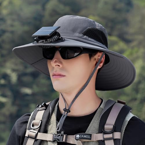 Extra Wide Brim Solar Fan Hat, Mens Fishing Hat with Fan, Neck Flap Sun Hat, UPF 50+ Solar Powered Cooling Cap Fisherman Hats - color: Deep Grey
