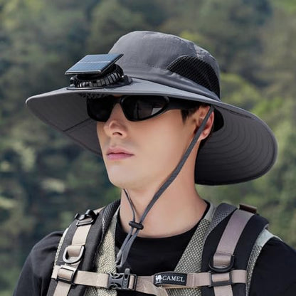 Extra Wide Brim Solar Fan Hat, Mens Fishing Hat with Fan, Neck Flap Sun Hat, UPF 50+ Solar Powered Cooling Cap Fisherman Hats - color: Deep Grey