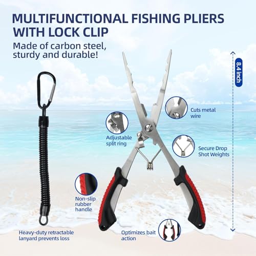RAWILL Fishing Kit,Filleting Knife,Hook Remover,Fish Grip, Line Cutter,Fishing Scale, Pliers with Lanyards,Not Include Batteries - color: Red 1