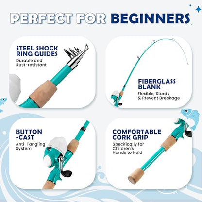 Kids Fishing Pole, Portable Telescopic Kids Fishing Poles for Boys Girls Youth, Fishing Rod and Reel Combo - color: Turquoise