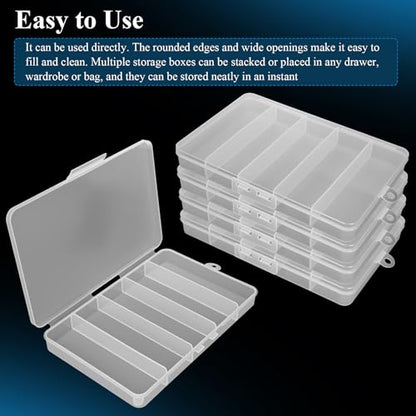 5 Pack 5-Grid Clear Plastic Fishing Tackle Accessory Box, 7" x 4.5" x 0.86" | Ideal for Fishing Hooks/Lures/Plastics, Also Fits Jewelry, Board Game Storage, Screws, Bobby Pins & DIY Crafts Beads Earrings