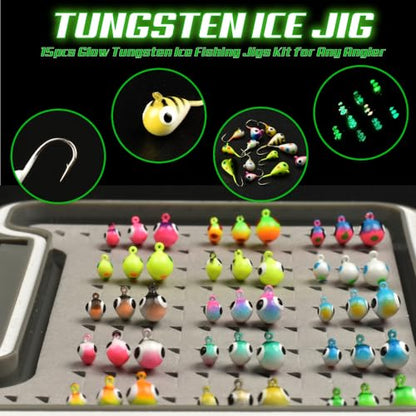 Tungsten Ice Fishing Jigs Kit - 15/21/45pcs Effective Glow Lures for Crappie, Panfish, Walleye - color: Colorful (45pcs)