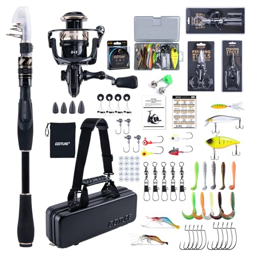 GOTURE Telescopic Fishing Rod and Reel Combos, Carbon Fiber Travel Fishing Pole, 9+1 BB Spinning Reel, Saltwater Freshwater Fishing Gear Kit with Braided Line, Lures, Carrier Bag for Bass Trout - color: 1 Rod & 1 Reel Spinning Fishing Combo - PC Fishing T