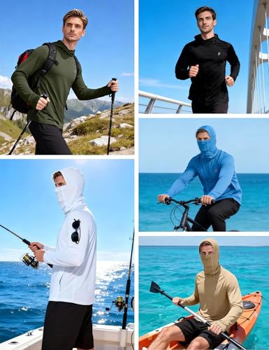 Roadbox Mens UPF 50+ Sun Protection Hoodie, Long Sleeve Fishing Shirt with Mask, Lightweight UV SPF Hooded for Hiking Running - color: Dark Green, size: Large