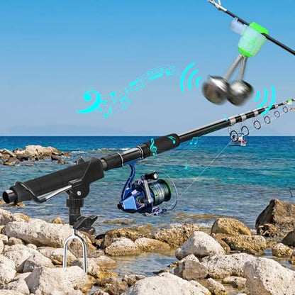 Aluminum Bank Fishing Rod Holder with 10 Fishing Bells | Heavy Duty Ground Spike Fish Pole Stand Rack for Shore, Surf, Beach Fishing - Great Fathers Day Gift for Men