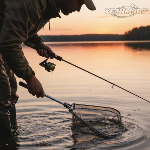 Yeahmart Fishing Landing Net with Telescopic Aluminum Handle Pole, Collapsible Nylon Mesh Minnow Fish Net for Saltwater & Freshwater, Portable Fishing Gear for Kids, Men, Women, Extends 21-75 Inches - style: 21" Full Length (Chrome-fixed Handle)