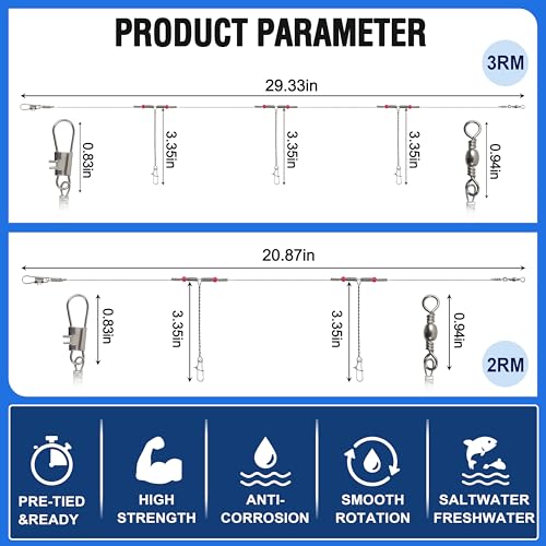 Fishing Leaders Saltwater Tackle Rig Stainless Steel Fishing Wire Leader Line with Swivels Snap Beads Pre-Tied Hi-Low Bottom Rigs for Surf Pier Trolling Fishing Tackle - style: 3 Arms-12pcs