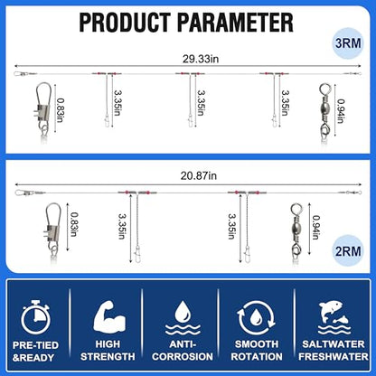 Fishing Leaders Saltwater Tackle Rig Stainless Steel Fishing Wire Leader Line with Swivels Snap Beads Pre-Tied Hi-Low Bottom Rigs for Surf Pier Trolling Fishing Tackle - style: 2 Arms-12pcs