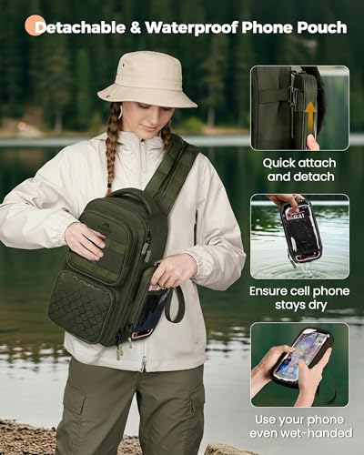 MATEIN Fishing Sling Bag with Phone Pouch, 3600 Tackle Box Backpack | Tackle Bag with Removable Bait Binder, Fishing Bag with Lure Rod Holder, Cooler Compartment, Waterproof, Women Fishing Gifts - color: Olive Green