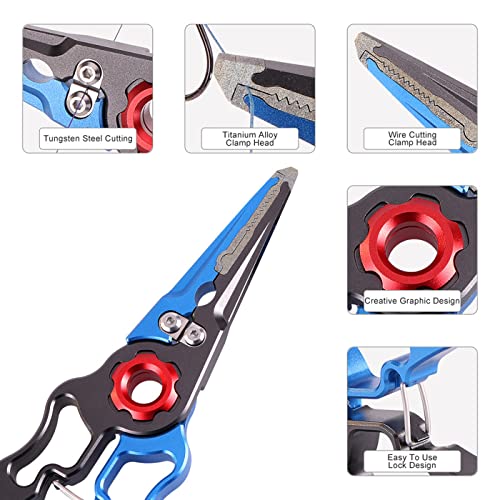 Fishing Pliers Aluminum Braid Cutters Split Ring Pliers Hook Remover Fish Holder with Sheath and Lanyard - color: blue-2