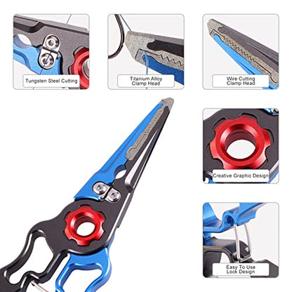 Fishing Pliers Aluminum Braid Cutters Split Ring Pliers Hook Remover Fish Holder with Sheath and Lanyard - color: blue-2