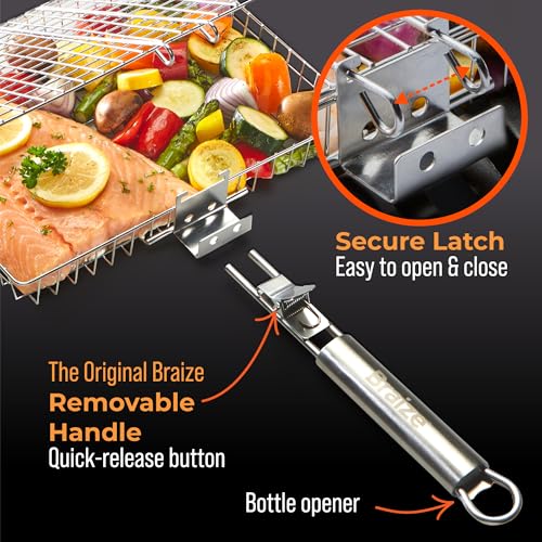 Stainless Steel Large Grill Basket with Easy Open/Close Lid and Removable Handle - 12.25 x 9.5 x 1.5 Inches - Includes Carry/Storage Bag - size: w/o Accessories