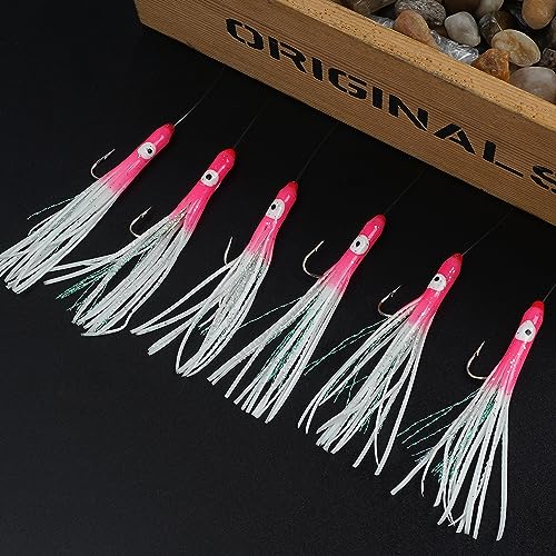 Fishing Bait Rigs Saltwater Set, 6 Packs Squid Bait Lure Rigs Surf Fishing Rigs with Glow Soft Squid Skirt Hook Swivel Snap for Freshwater Saltwater