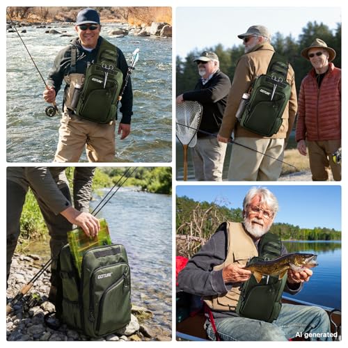Goture Green Tactical Sling Fishing Bag with Trays, Heavy Duty 1680D Fishing Backpack for Hiking Camping, Adjustable Shoulder Strap with Rod Holder & Tool Pockets, Tackle Box Organizer Bag - color: Green, style: 1680d Double-strand Pu Backpack + (3)3600 T