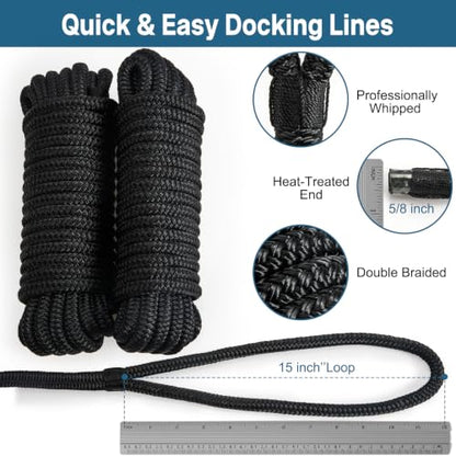 2 Pack 5/8" x 15' Boat Dock Lines, Improved Double Braided Nylon Boat Ropes for Docking with 15" Loop, Hurricane-Resistant Grade Marine Rope for Sailboats,Pontoons,Fishing Boats, Black - size: 5/8" x 15' (Pack of 2)