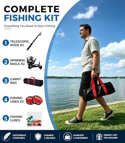 6.9ft Fishing Poles and Reels Combo, 2 Pack Telescopic Fishing Rod and Reel Kits with Lures and Carrier Bag, Lightweight Collapsible Travel Fishing Pole Set for Beginners Men Women