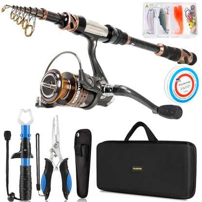 PLUSINNO Fishing Rod and Reel Combos - Carbon Fiber Telescopic Fishing Pole - Spinning Reel 12 +1 Shielded Bearings Stainless Steel BB - color: Full Kit with Fishing Tools, size: 2.1M 6.89FT