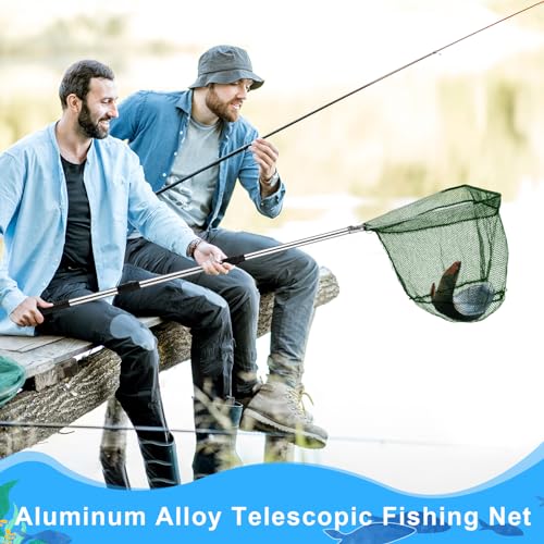 Hollowfly 2 Pcs Steel Wire Fish Basket and Fishing Landing Net with Extension Aluminum Telescoping Pole Includes 1 Portable Fishing Net with Handle 1 Collapsible Wire Fishing Basket for Women Men
